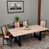 Modern Double Arch Natural Wood Dining Table & Woodland Industrial Dining Chairs - Flat Edge Maple Table Top - Natural Clear Finish