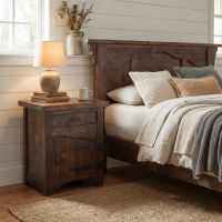 Rustic Nightstand: Some lifestyle images are created with AI for visualization purposes. Crafted from natural solid wood, each piece is unique and will vary.