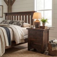 Rustic Nightstand: Some lifestyle images are created with AI for visualization purposes. Crafted from natural solid wood, each piece is unique and will vary.