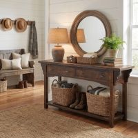 Rustic Sofa Table: Some lifestyle images are created with AI for visualization purposes. Crafted from natural solid wood, each piece is unique and will vary.