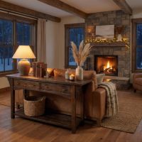 Rustic Sofa Table: Some lifestyle images are created with AI for visualization purposes. Crafted from natural solid wood, each piece is unique and will vary.
