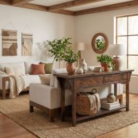 Rustic Sofa Table: Some lifestyle images are created with AI for visualization purposes. Crafted from natural solid wood, each piece is unique and will vary.