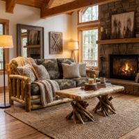 Upholstered Log Sofa: Some lifestyle images are created with AI for visualization purposes. Crafted from natural solid wood, each piece is unique and will vary.
