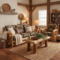 Upholstered Log Sofa: Some lifestyle images are created with AI for visualization purposes. Crafted from natural solid wood, each piece is unique and will vary.
