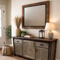 Rustic Mirror: Some lifestyle images are created with AI for visualization purposes. Crafted from natural solid wood, each piece is unique and will vary.