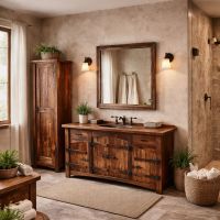 Barn Wood Bathroom Cabinet: Some lifestyle images are created with AI for visualization purposes. Crafted from natural solid wood, each piece is unique and will vary.
