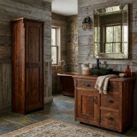 Rustic Linen Cabinet: Some lifestyle images are created with AI for visualization purposes. Crafted from natural solid wood, each piece is unique and will vary.