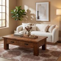 Barn Wood Coffee Table: Some lifestyle images are created with AI for visualization purposes. Crafted from natural solid wood, each piece is unique and will vary.