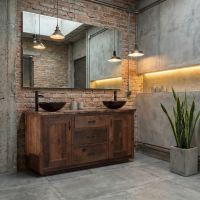 Barnwood Vanity: Some lifestyle images are created with AI for visualization purposes. Crafted from natural solid wood, each piece is unique and will vary.