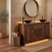 Barnwood Vanity: Some lifestyle images are created with AI for visualization purposes. Crafted from natural solid wood, each piece is unique and will vary.