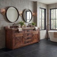Bathroom Vanity: Some lifestyle images are created with AI for visualization purposes. Crafted from natural solid wood, each piece is unique and will vary.