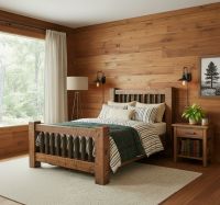 Timber Frame Barnwood Bed: Some lifestyle images are created with AI for visualization purposes. Crafted from natural solid wood, each piece is unique and will vary.
