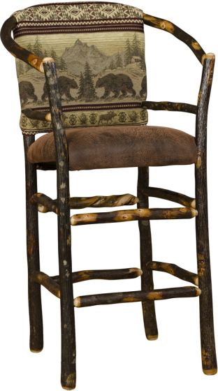 Rustic Hickory Log Hoop Bar Stool - Bear Mountain Backrest Fabric