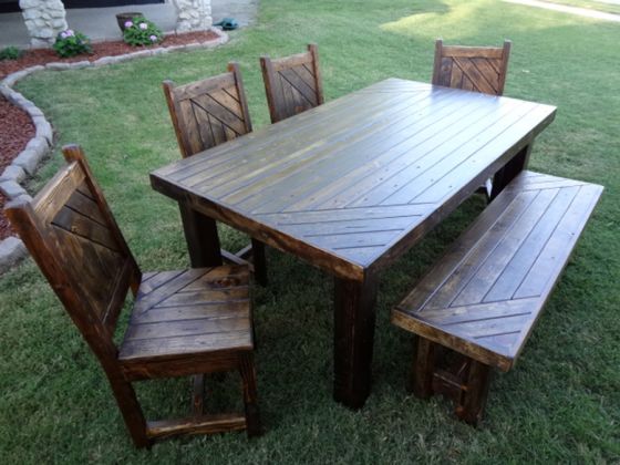 Rustic Weathered Pine Dining Set - Dark Antique Tobacco Finish