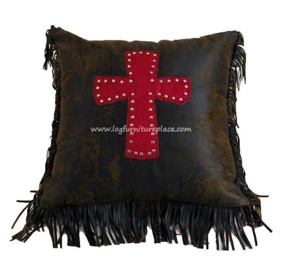 Cheyenne Red Tooled Leather Pillow with Cross