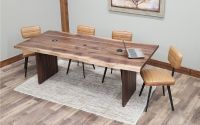 Modern Natural Edge Black Walnut Conference Table Shown with Contemporary Leather Upholstered Dining Chairs