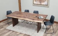Modern Natural Edge Black Walnut Conference Table Shown with Vogue Leather Upholstered Dining Chairs