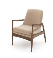 Modern Natural Wood Upholstered Lounge Chair - Creme Linen Fabric Upholstery