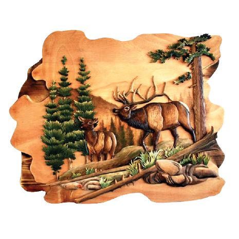 Elk Family by Lake Wood Art