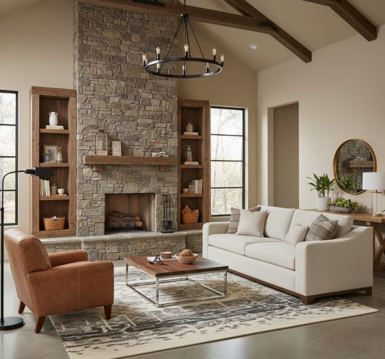 Modern Rustic Coffee Table: Some lifestyle images are created with AI for visualization purposes. Crafted from natural solid wood, each piece is unique and will vary.