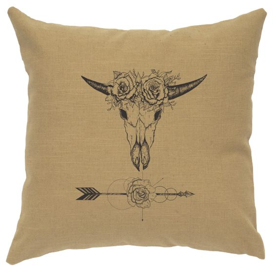 Bull & Flowers Image Decor Pillow - Straw Linen