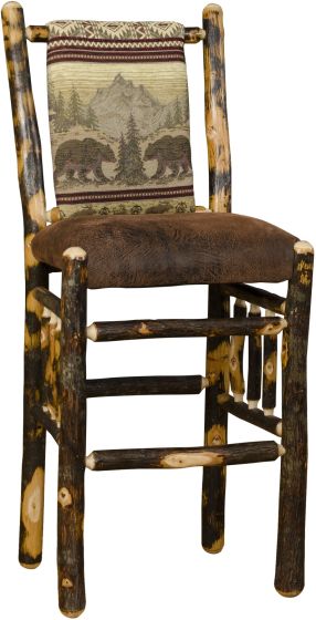 Rustic Hickory Upholstered Straight Back Bar Stool - Bear Mountain Backrest Fabric