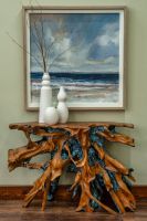 Aged-Blue Root Console Table with Teak Wood Accents in Coastal Interior: Some lifestyle images are created with AI for visualization purposes. Crafted from natural solid wood, each piece is unique and will vary.