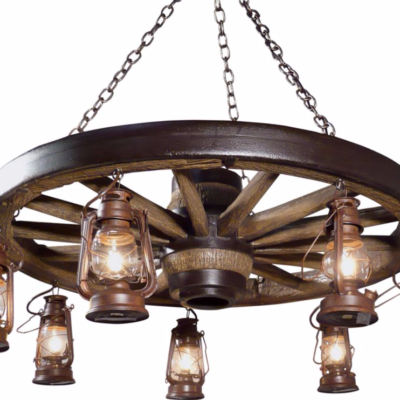 Large Faux Wagon Wheel Chandelier with Lanterns