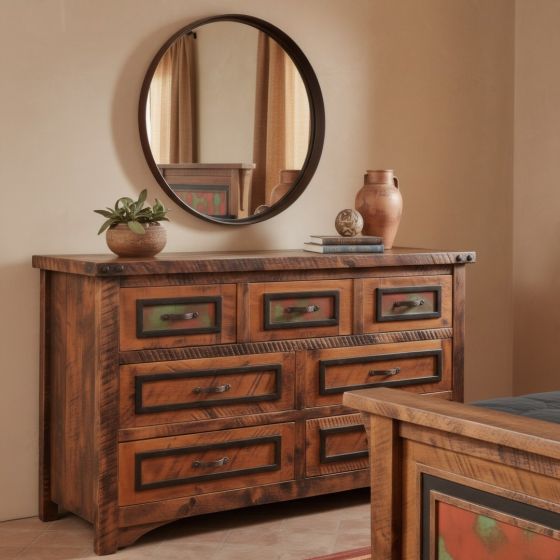 Rustic 7 Drawer Dresser: Some lifestyle images are created with AI for visualization purposes. Crafted from natural solid wood, each piece is unique and will vary.