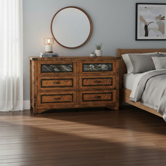 Rustic 6 Drawer Dresser: Some lifestyle images are created with AI for visualization purposes. Crafted from natural solid wood, each piece is unique and will vary.