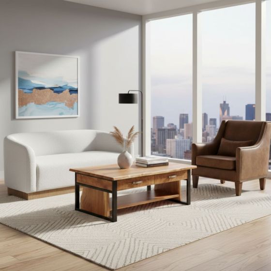 Modern Coffee Table: Some lifestyle images are created with AI for visualization purposes. Crafted from natural solid wood, each piece is unique and will vary.