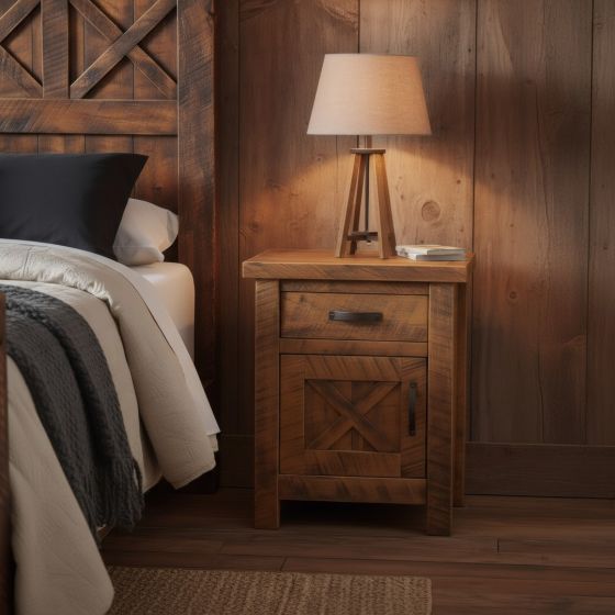 Rustic Enclosed Nightstand: Some lifestyle images are created with AI for visualization purposes. Crafted from natural solid wood, each piece is unique and will vary.