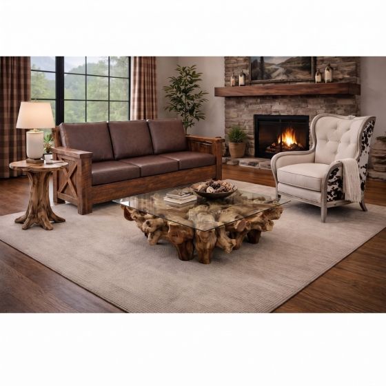 Rustic Sofa: Some lifestyle images are created with AI for visualization purposes. Crafted from natural solid wood, each piece is unique and will vary.