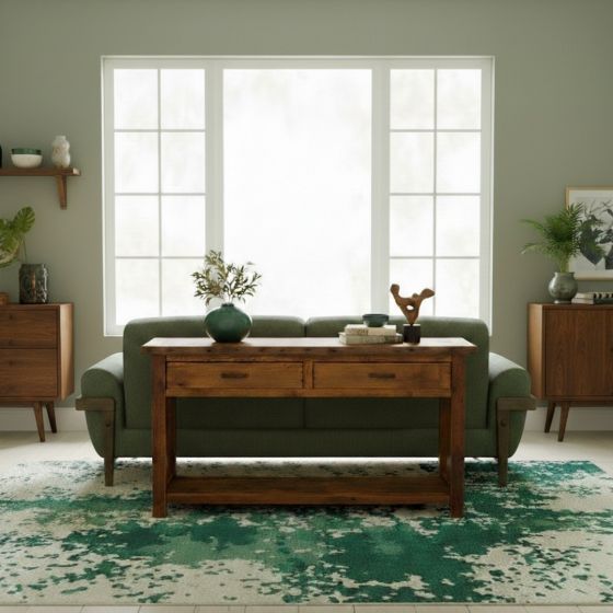 Rustic Sofa Table: Some lifestyle images are created with AI for visualization purposes. Crafted from natural solid wood, each piece is unique and will vary.