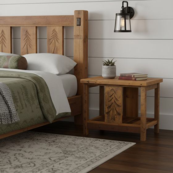 Barn Wood Nightstand: Some lifestyle images are created with AI for visualization purposes. Crafted from natural solid wood, each piece is unique and will vary.