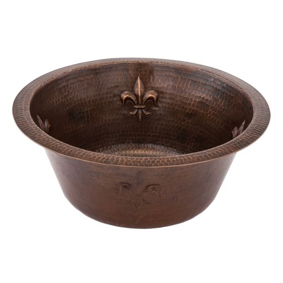 16" Round Fleur De Lis Oil Rubbed Bronze Hammered Copper Bar & Prep Sink - 2" Drain