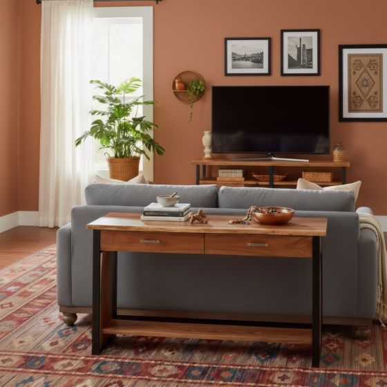 Modern Sofa Table: Some lifestyle images are created with AI for visualization purposes. Crafted from natural solid wood, each piece is unique and will vary.