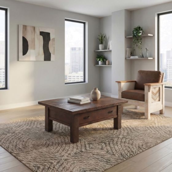 Barn Wood Coffee Table: Some lifestyle images are created with AI for visualization purposes. Crafted from natural solid wood, each piece is unique and will vary.