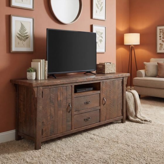 Barn Wood TV Stand: Some lifestyle images are created with AI for visualization purposes. Crafted from natural solid wood, each piece is unique and will vary.