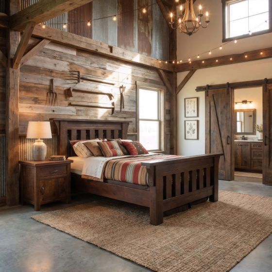 Rustic Barn Wood Bed: Some lifestyle images are created with AI for visualization purposes. Crafted from natural solid wood, each piece is unique and will vary.