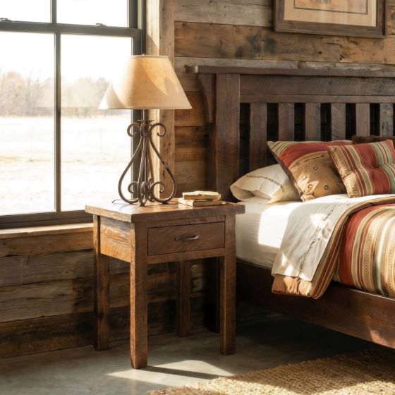 Rustic Barn Wood Nightstand: Some lifestyle images are created with AI for visualization purposes. Crafted from natural solid wood, each piece is unique and will vary.