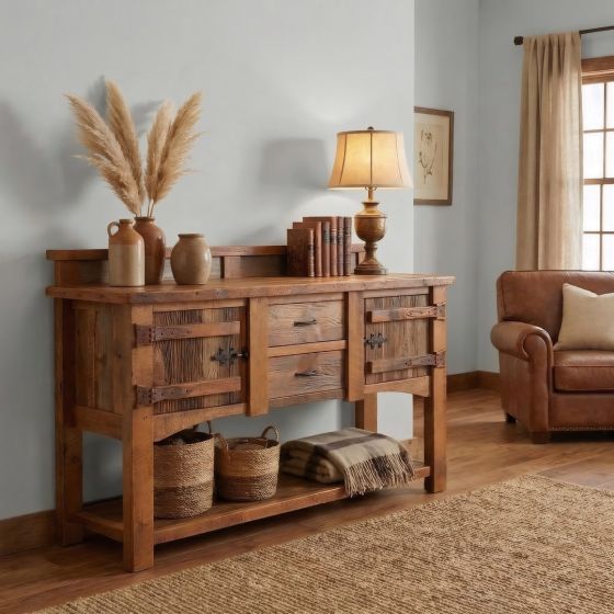 Barn Wood Sideboard: Some lifestyle images are created with AI for visualization purposes. Crafted from natural solid wood, each piece is unique and will vary.