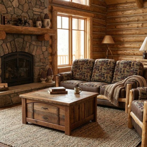 Barn Wood Coffee Table: Some lifestyle images are created with AI for visualization purposes. Crafted from natural solid wood, each piece is unique and will vary.