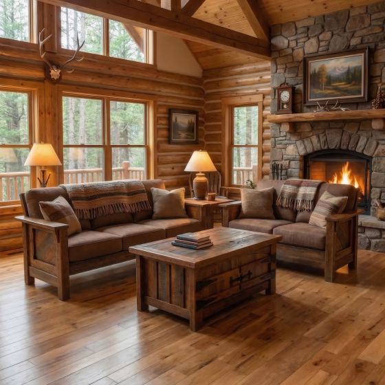 Barn Wood Coffee Table: Some lifestyle images are created with AI for visualization purposes. Crafted from natural solid wood, each piece is unique and will vary.
