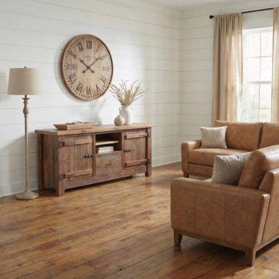 Barn Wood Entertainment Center: Some lifestyle images are created with AI for visualization purposes. Crafted from natural solid wood, each piece is unique and will vary.