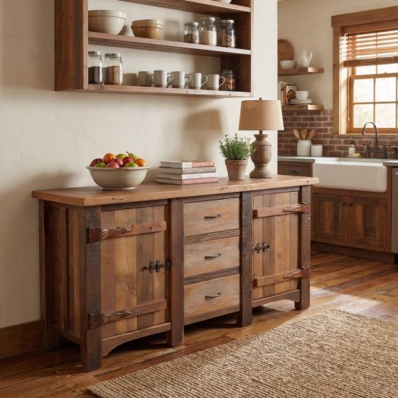 Barn Wood Sideboard: Some lifestyle images are created with AI for visualization purposes. Crafted from natural solid wood, each piece is unique and will vary.