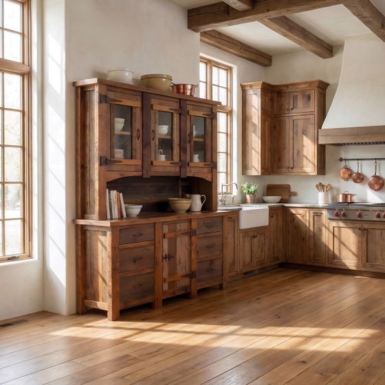 Barn Wood Hutch: Some lifestyle images are created with AI for visualization purposes. Crafted from natural solid wood, each piece is unique and will vary.