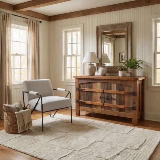Barn Wood Sideboard: Some lifestyle images are created with AI for visualization purposes. Crafted from natural solid wood, each piece is unique and will vary.