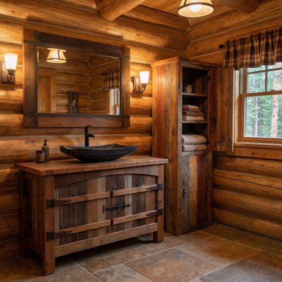 Rustic Barn Wood Vanity: Some lifestyle images are created with AI for visualization purposes. Crafted from natural solid wood, each piece is unique and will vary.