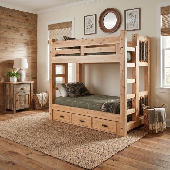 Bunk Bed with Storage: Some lifestyle images are created with AI for visualization purposes. Crafted from natural solid wood, each piece is unique and will vary.